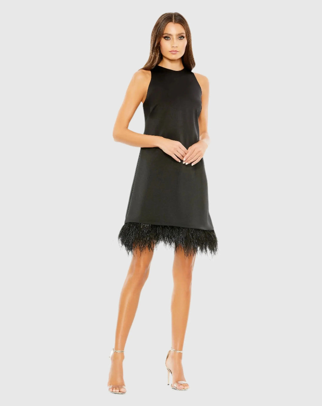 Black Feathered Hem High Neck Sleeveless Trapeze Dress