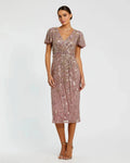 Embellished Faux Wrap Flutter Sleeve Dress