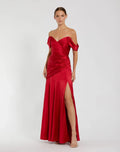 Red Satin Off The Shoulder Crossover Gown