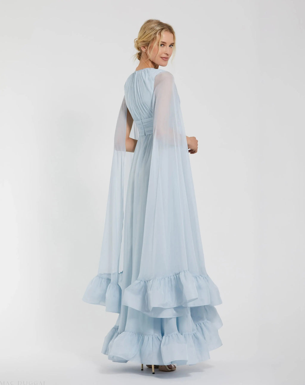Blue Chiffon Cape Sleeve Ankle-Length Dress With Keyhole