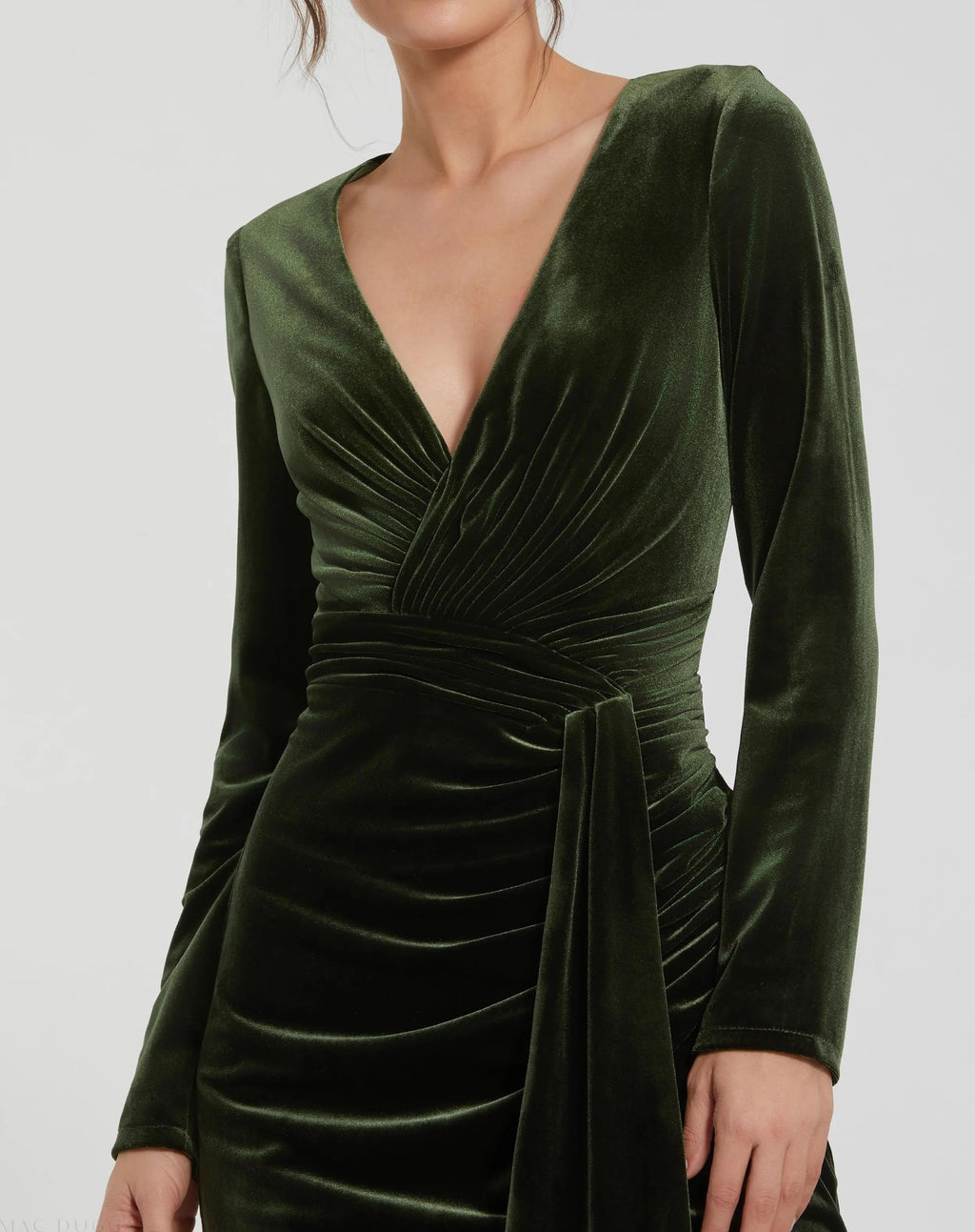 Green Ruched Velvet Column Evening Gown