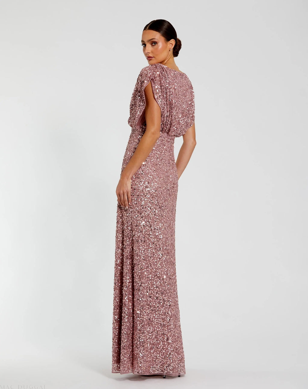 Purple Draped Sleeve V Neck Gown