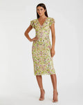Beige Floral Embellished Flutter Cap Sleeve Dress