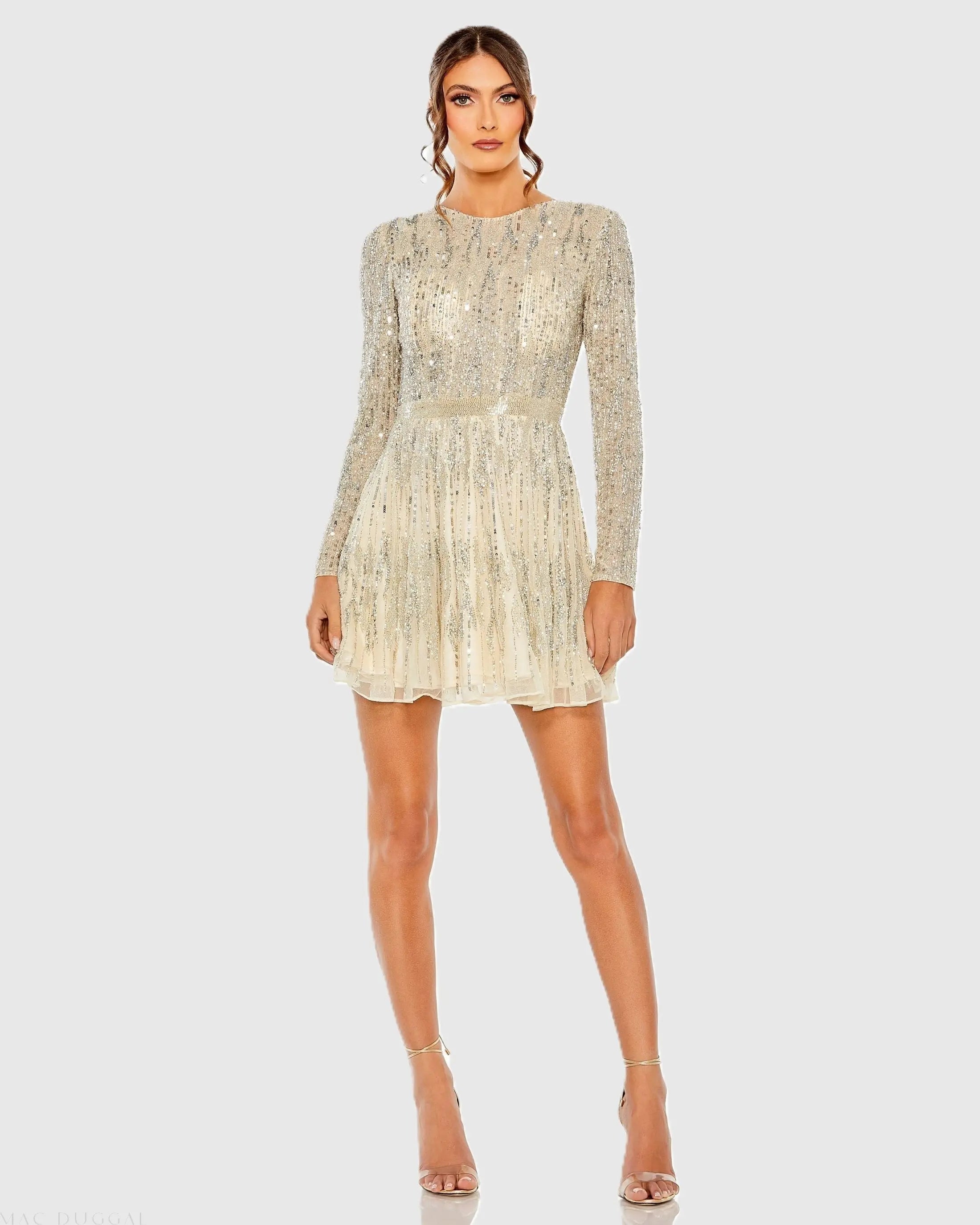 Beige High Neck Long Sleeve A Line Mini Dress