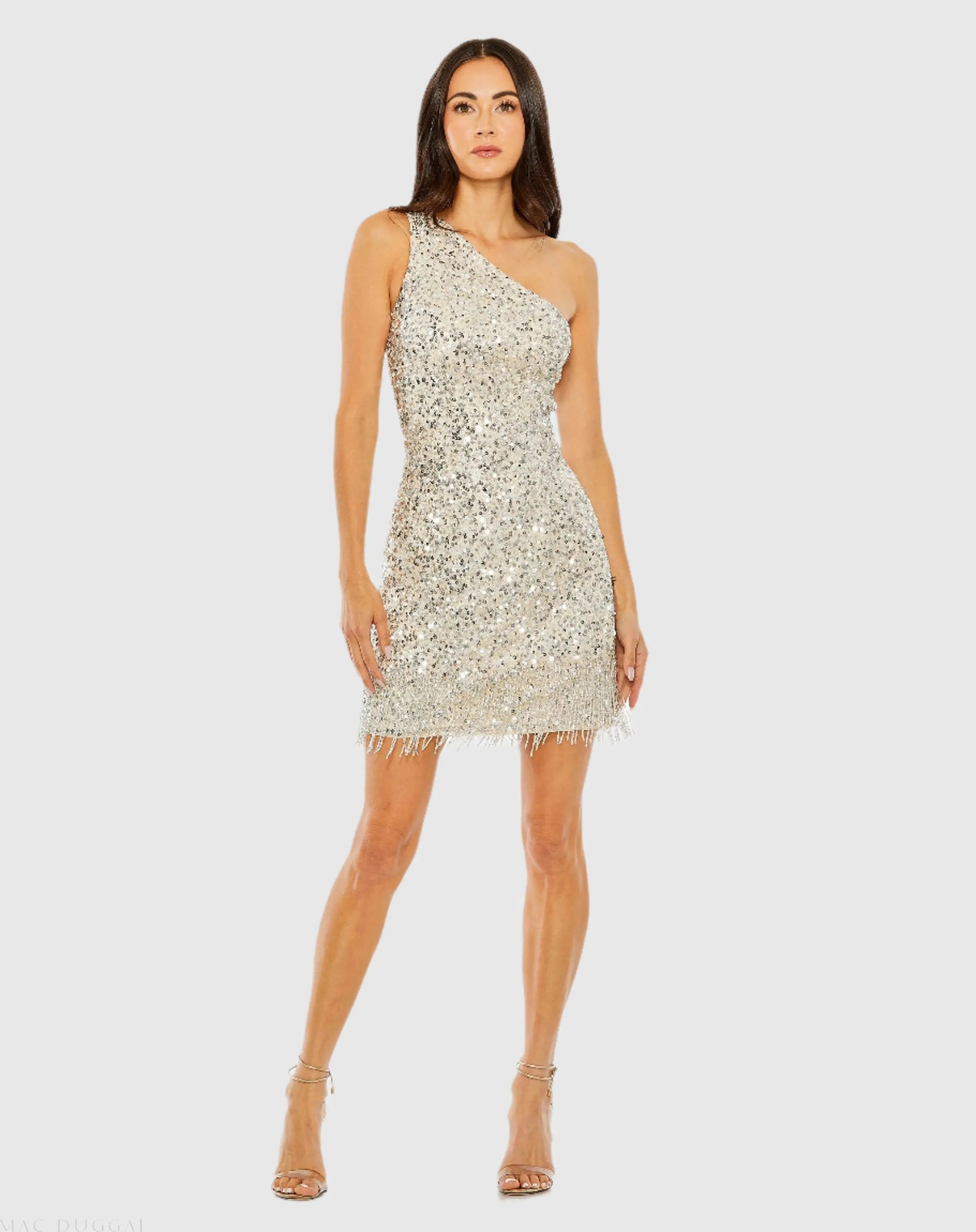 Silver One Shoulder Embellished Fringe Detail Dress