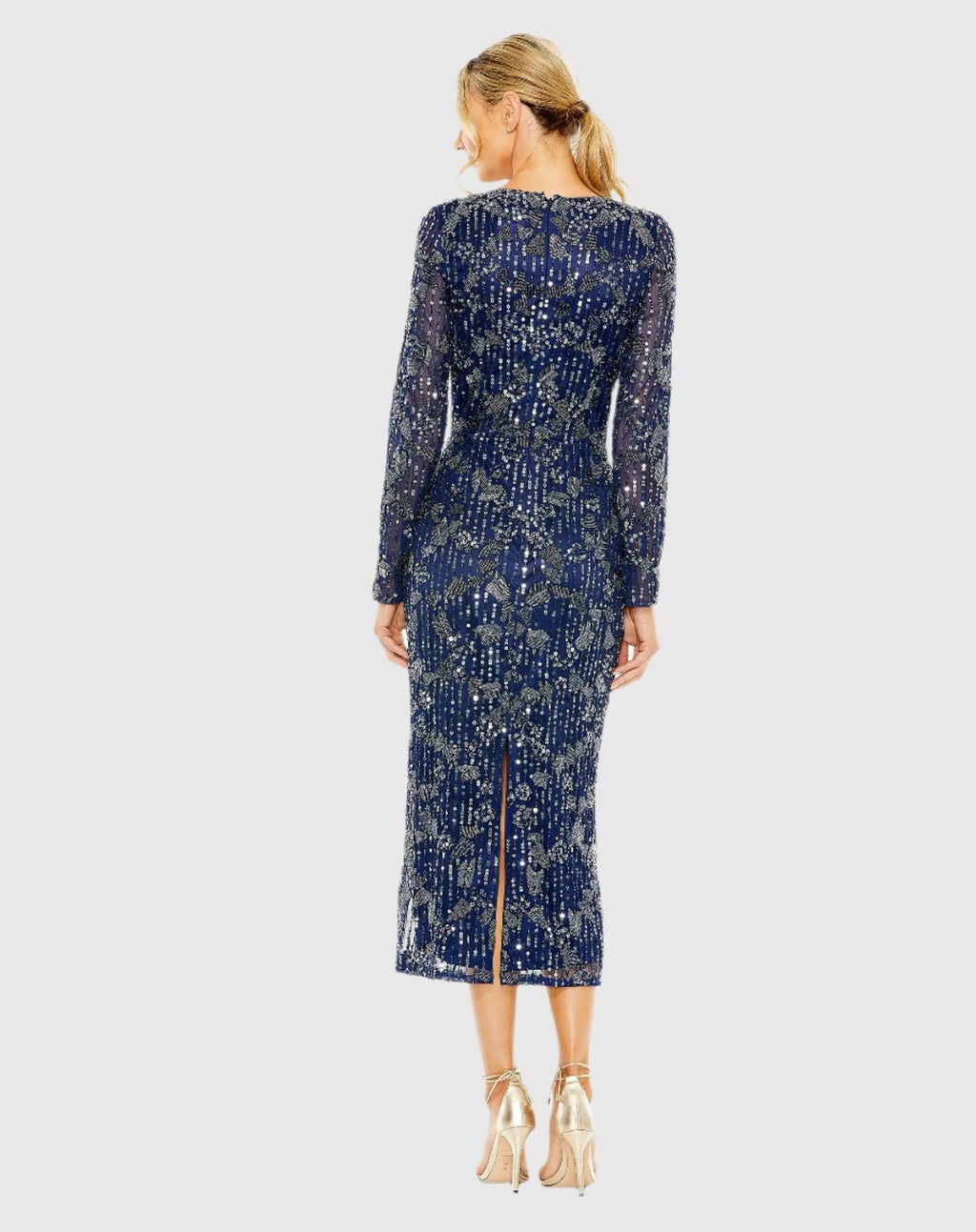 Navy High Neck Long Sleeve Embellished Dress
