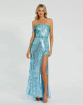 Blue One Shoulder Mesh Sequin Gown With Slit