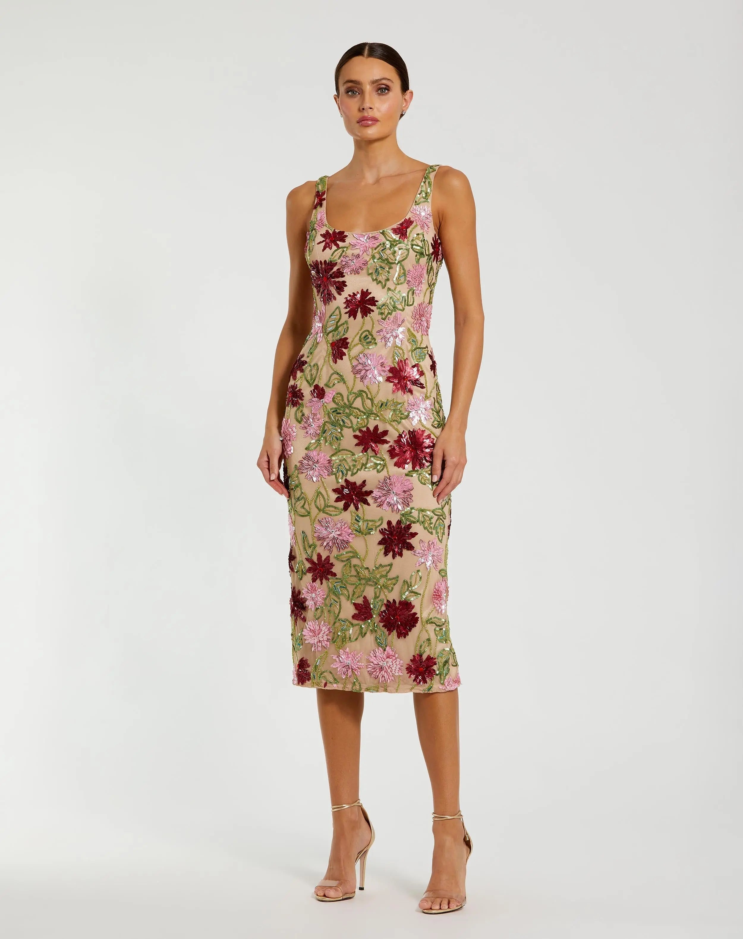Beige Floral Beaded Scoop Neck Midi Dress