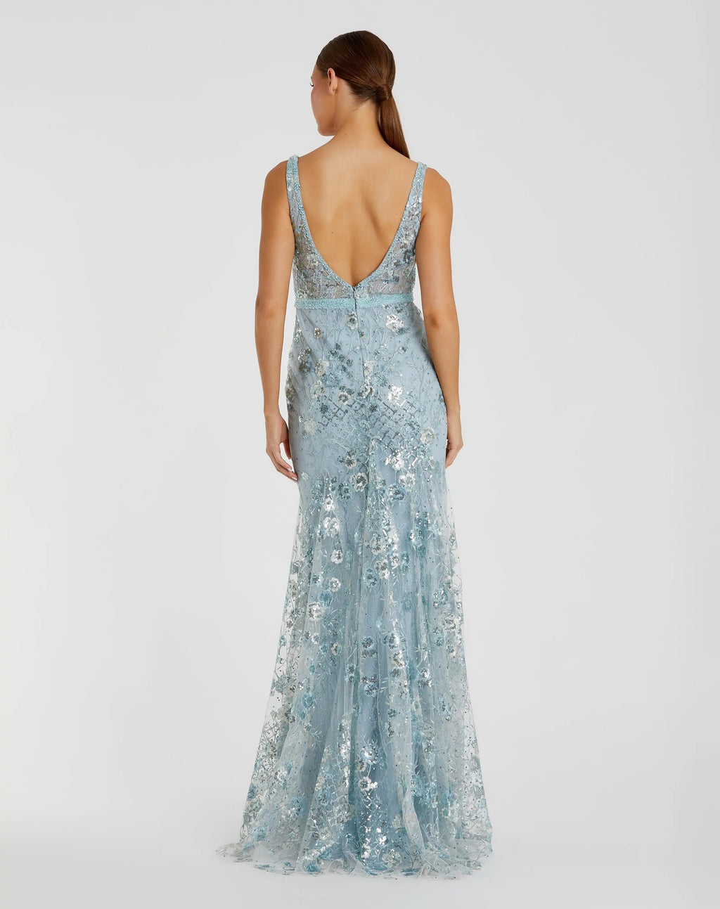 Blue Embellished Sleeveless Plunge Neck Gown