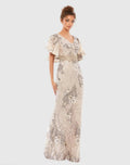 Beige Bell Sleeve Floral Embellished Gown