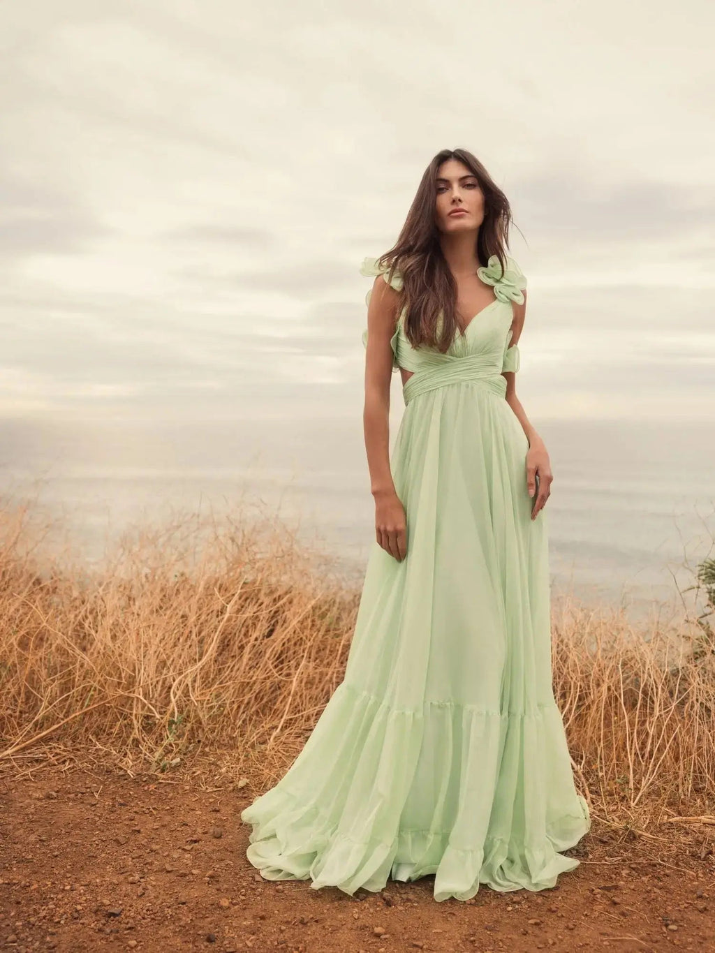 Light Green Ruffle Tiered Cut-Out Chiffon Gown