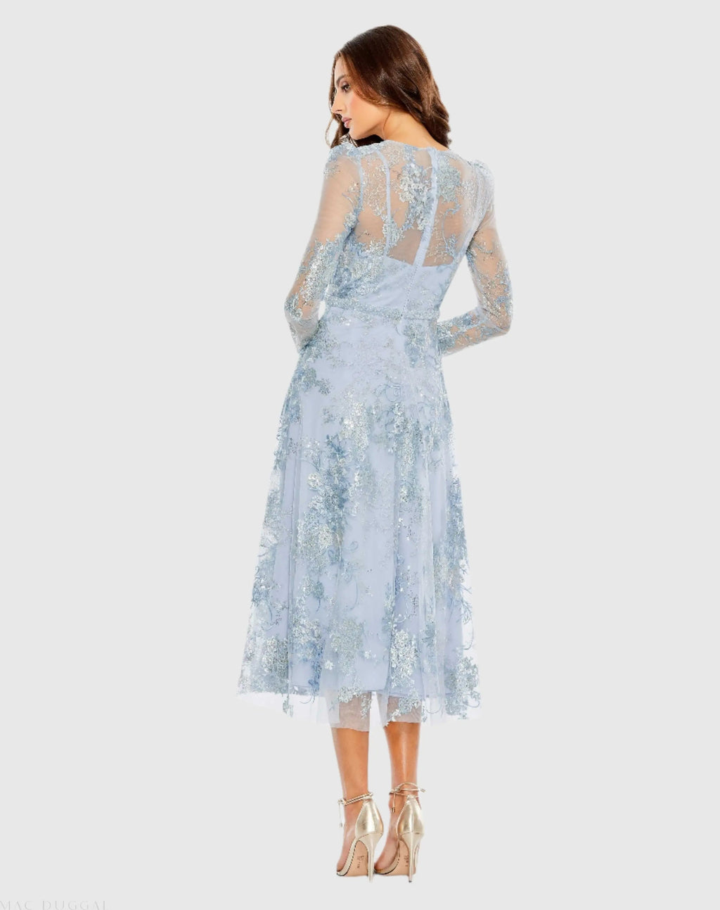 Blue Embellished Illusion Long Sleeve Midi Dress