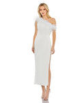 White Feather Trim One Shoulder Draped Dress