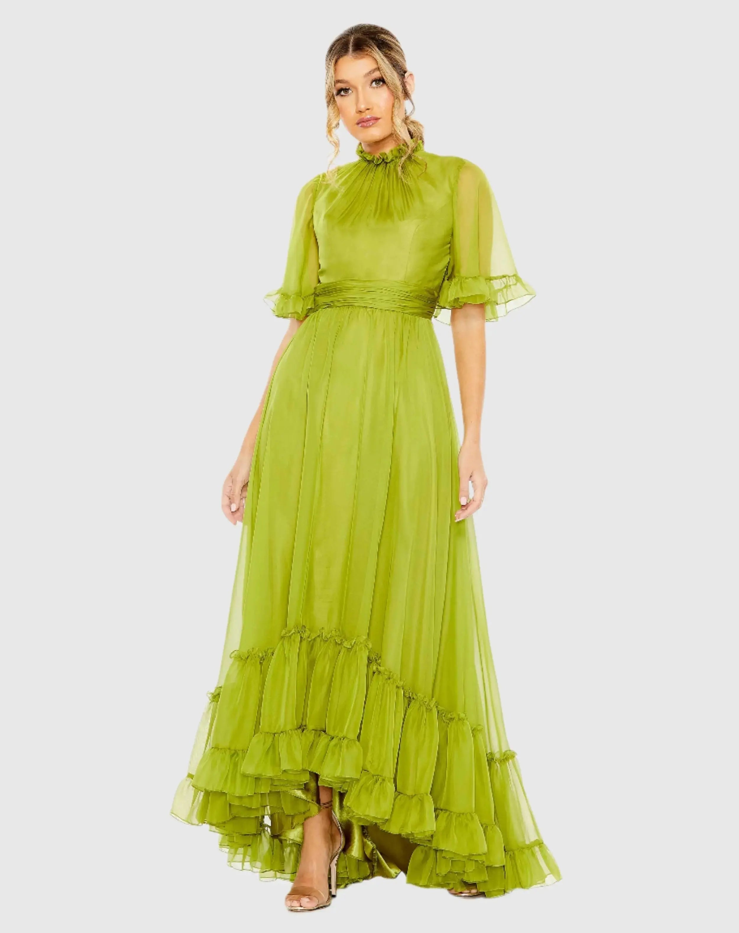 Green Ruffled Mock Neck Flutter Sleeve High Low Hem Gown