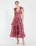 Red and Pink Ruffle Tiered Cut-Out Chiffon Midi Dress