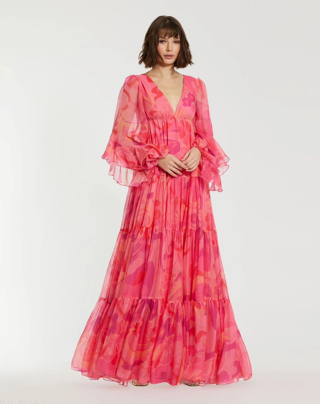Pink Hibiscus Printed Chiffon Ruffle Long Sleeve V Neck Maxi Dress