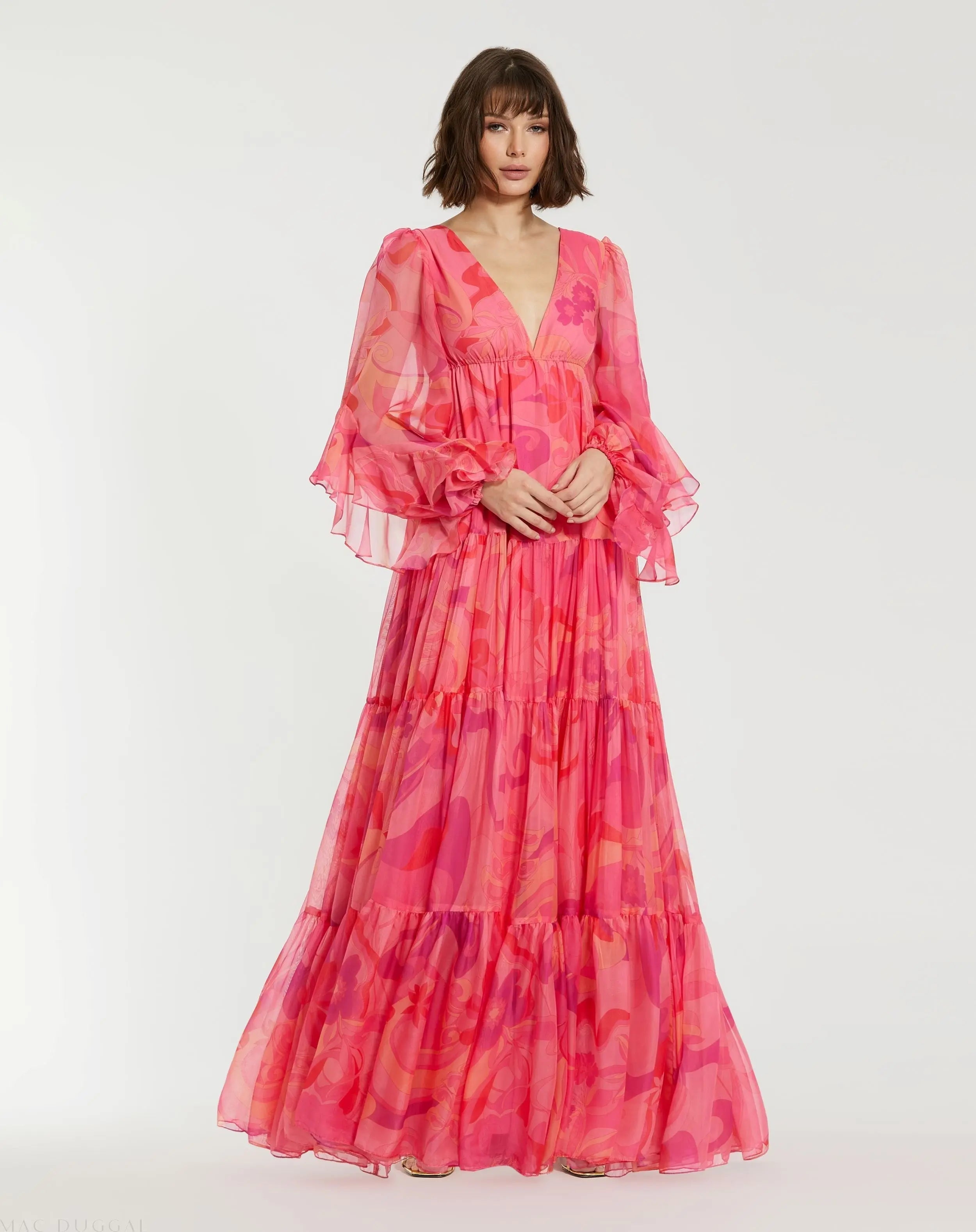 Pink Hibiscus Printed Chiffon Ruffle Long Sleeve V Neck Maxi Dress