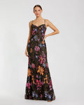 Black Multicolor Floral Embroidered Trumpet Gown