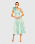 Green Rosette One Shoulder Tea Length Dress