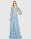 Blue Embroidered Puff Sleeve A-Line Gown