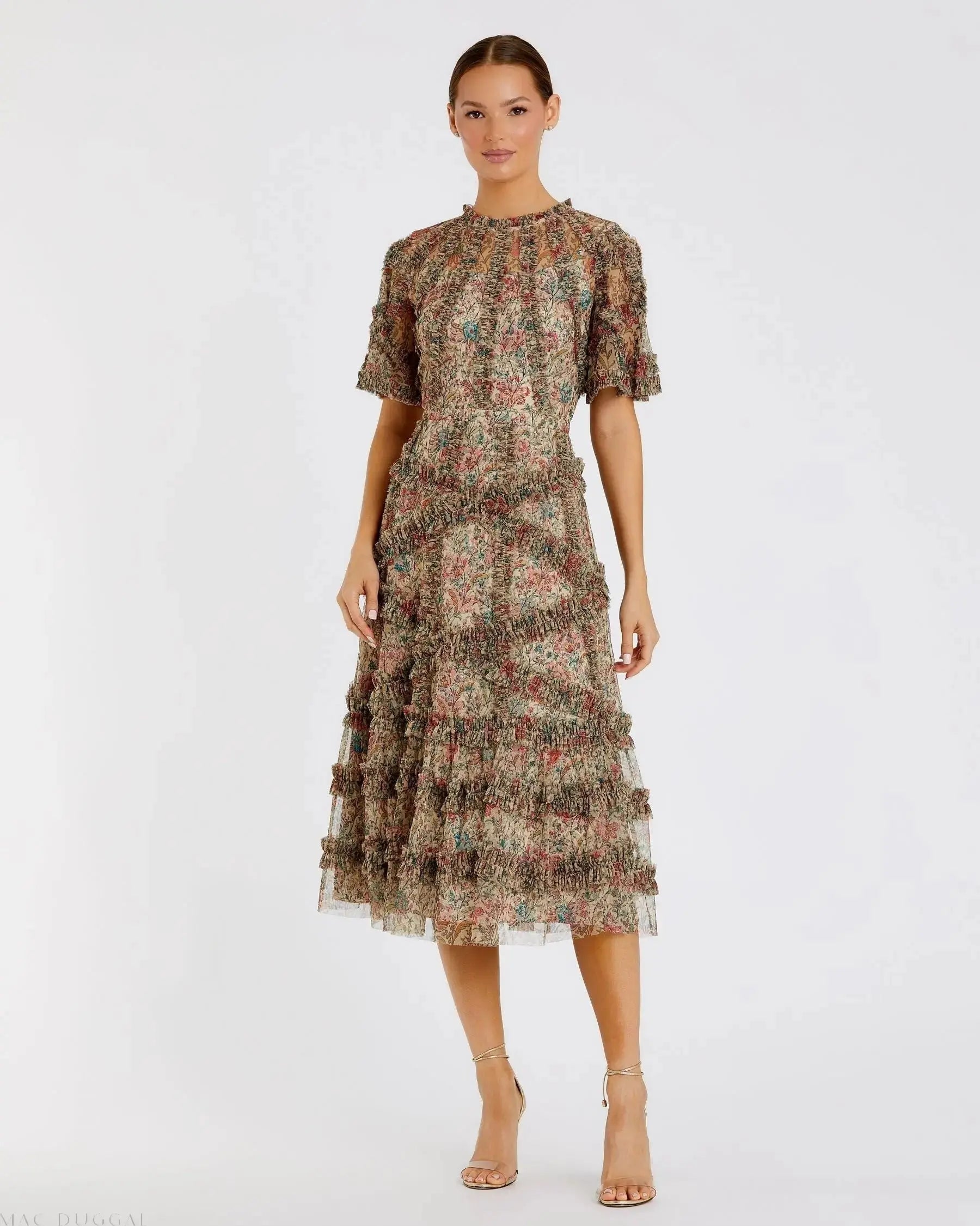 Beige Illusion Floral Midi Dress with Ruffle Detailing