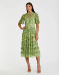 Green Illusion Floral Midi Dress with Ruffle Detailing