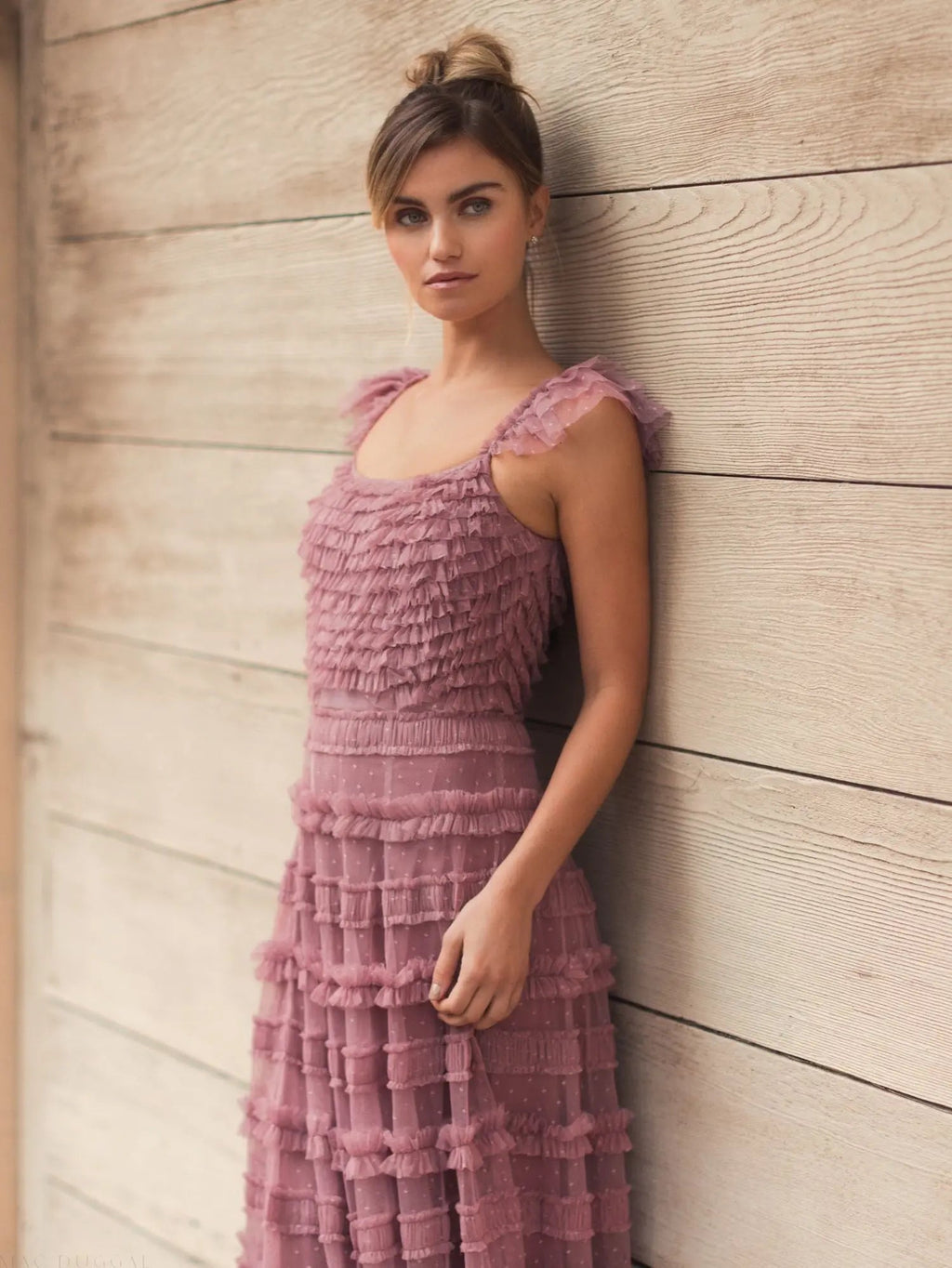 Pink Tiered Ruffle Cap Sleeve Gown