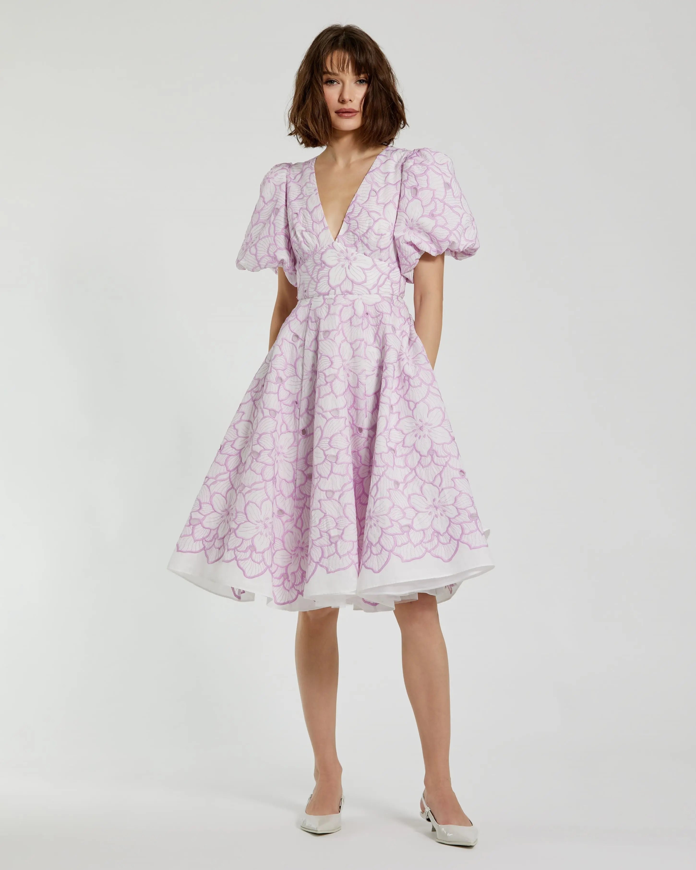 Multicolor Embroidered Floral Puff Sleeve Midi Dress