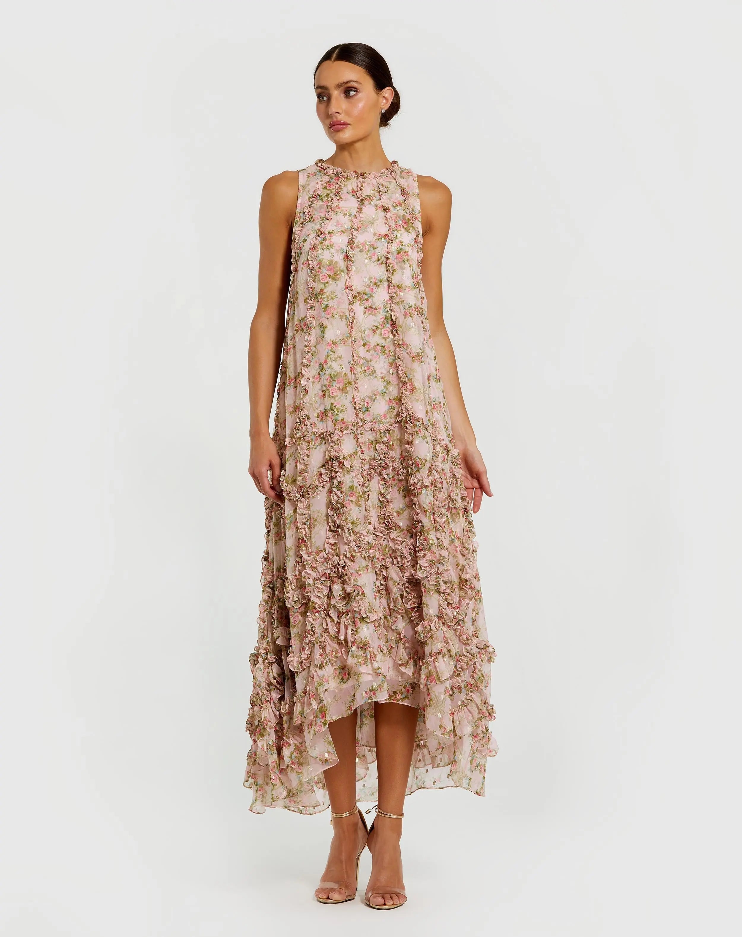 Pink Sleeveless Floral Chiffon Micro Ruffle Midi Dress