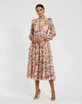 Multicolor Long Sleeve Ruffle Criss Cross Midi Dress