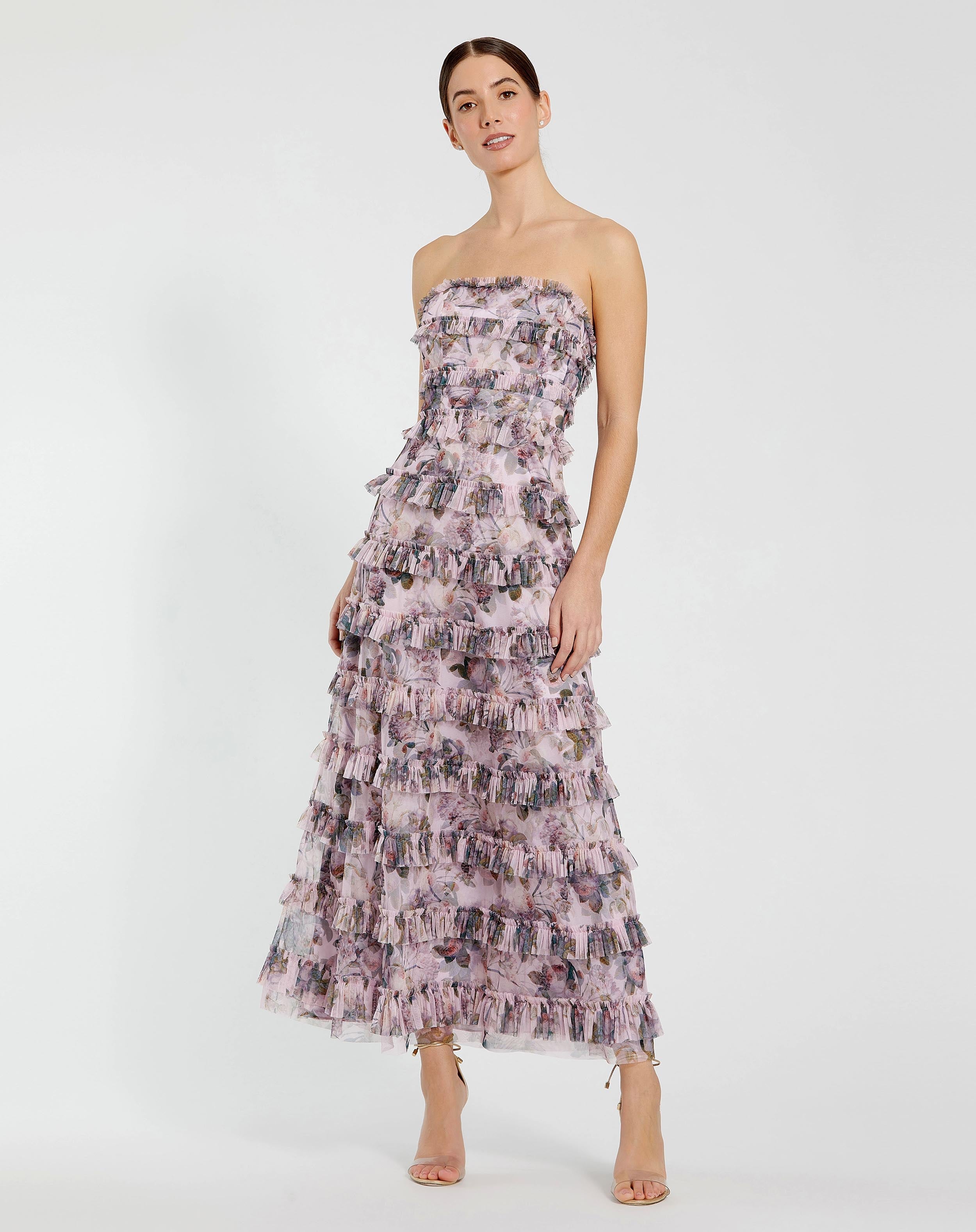 Purple Strapless Micro Ruffle Dress