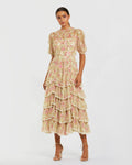 Beige Floral High Neck Midi Dress with Lace Trim