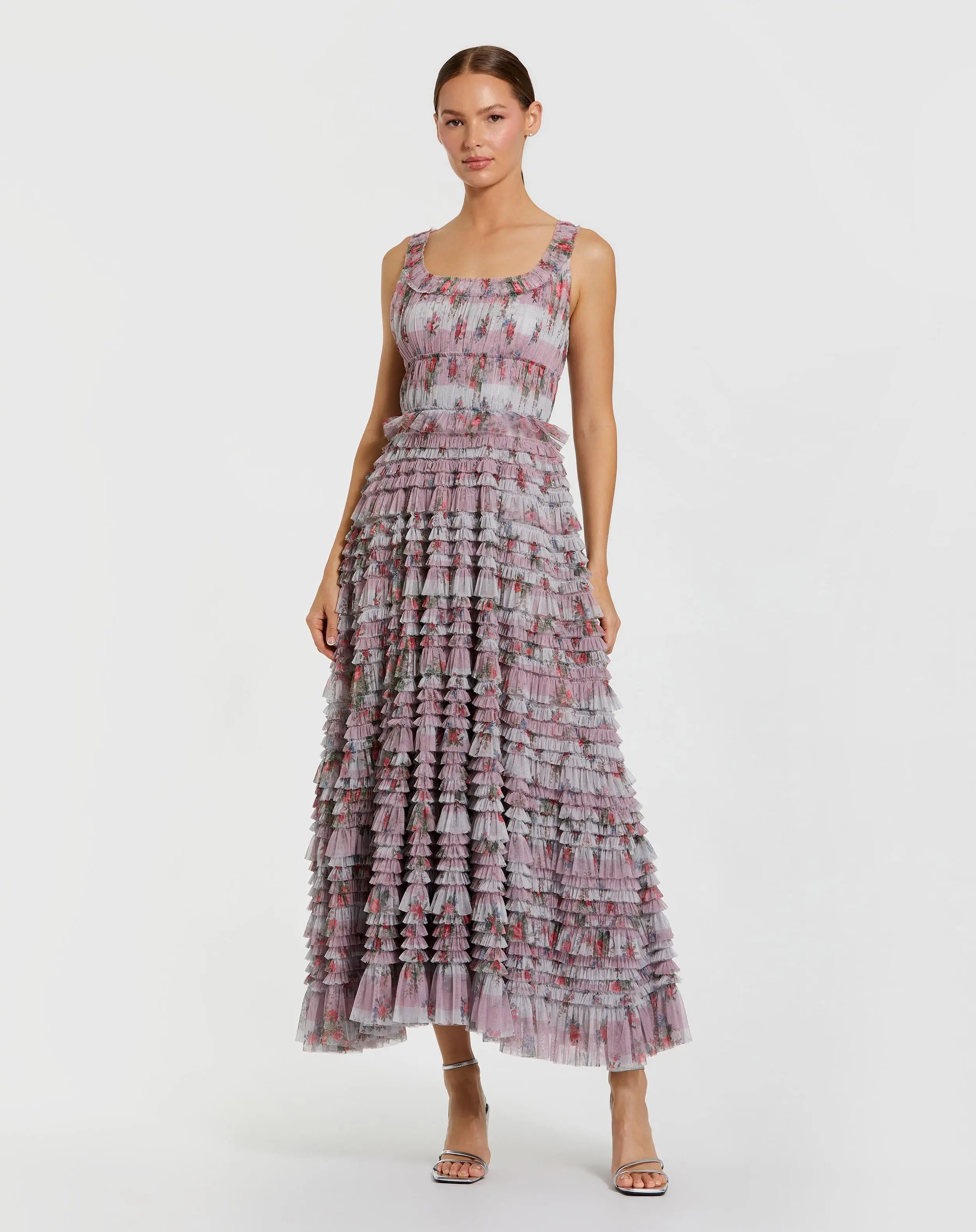 Purple Sleeveless Floral Midi Dress with Tiered Ruffles