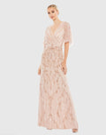Pink Embellished Cap Sleeve Faux Wrap Trumpet Gown