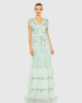Green Ruffle Tiered Embellished Faux Wrap Flutter Sleeve Gown