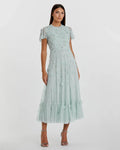 Blue Embellished High Neck Flutter Sleeve A Line Dress