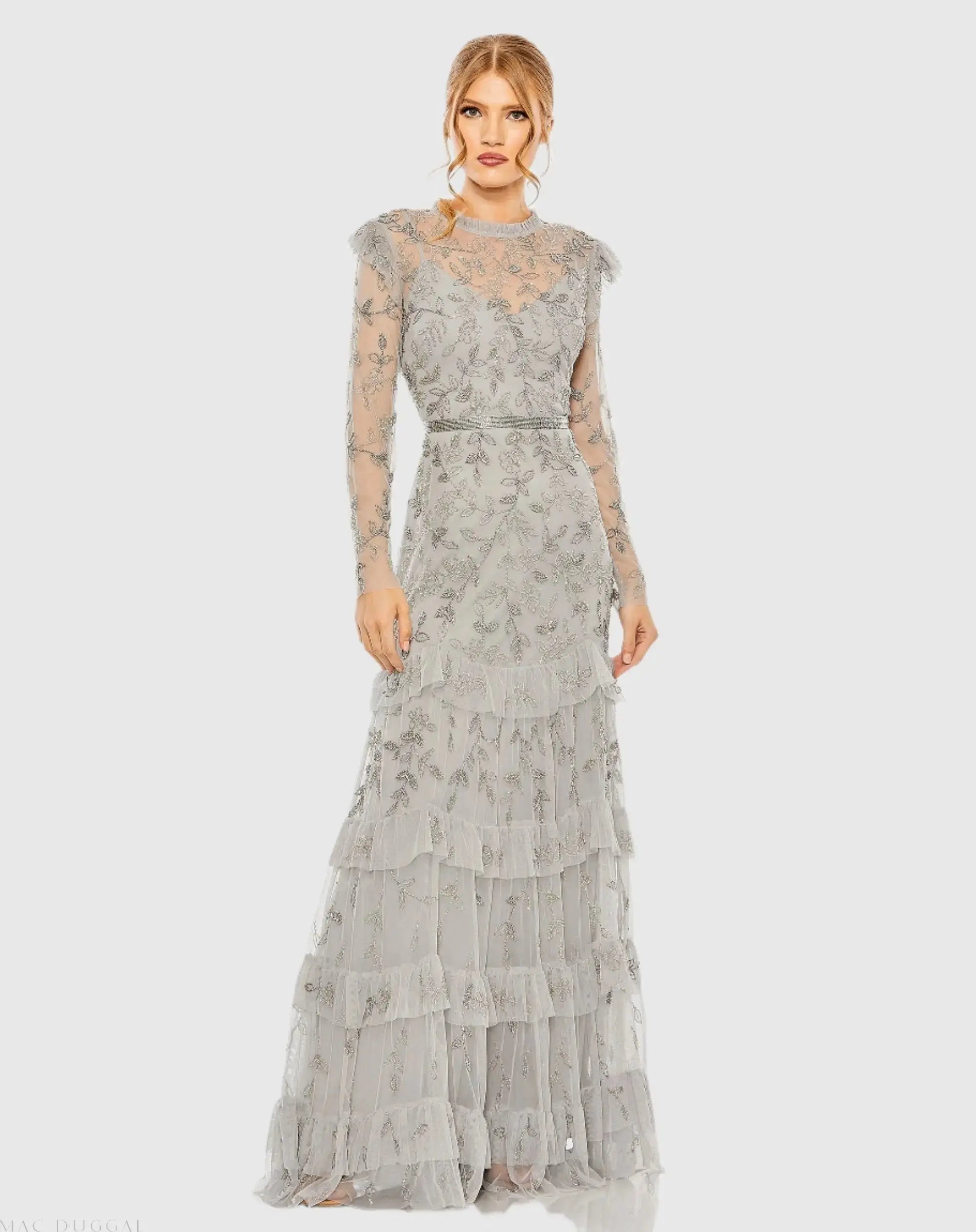 Silver High Neck Flutter Cap Long Sleeve Tiered Embellished Gown