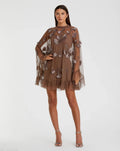 Brown Embellished Long Sleeve Trapeze Dress with Ruffle Hem