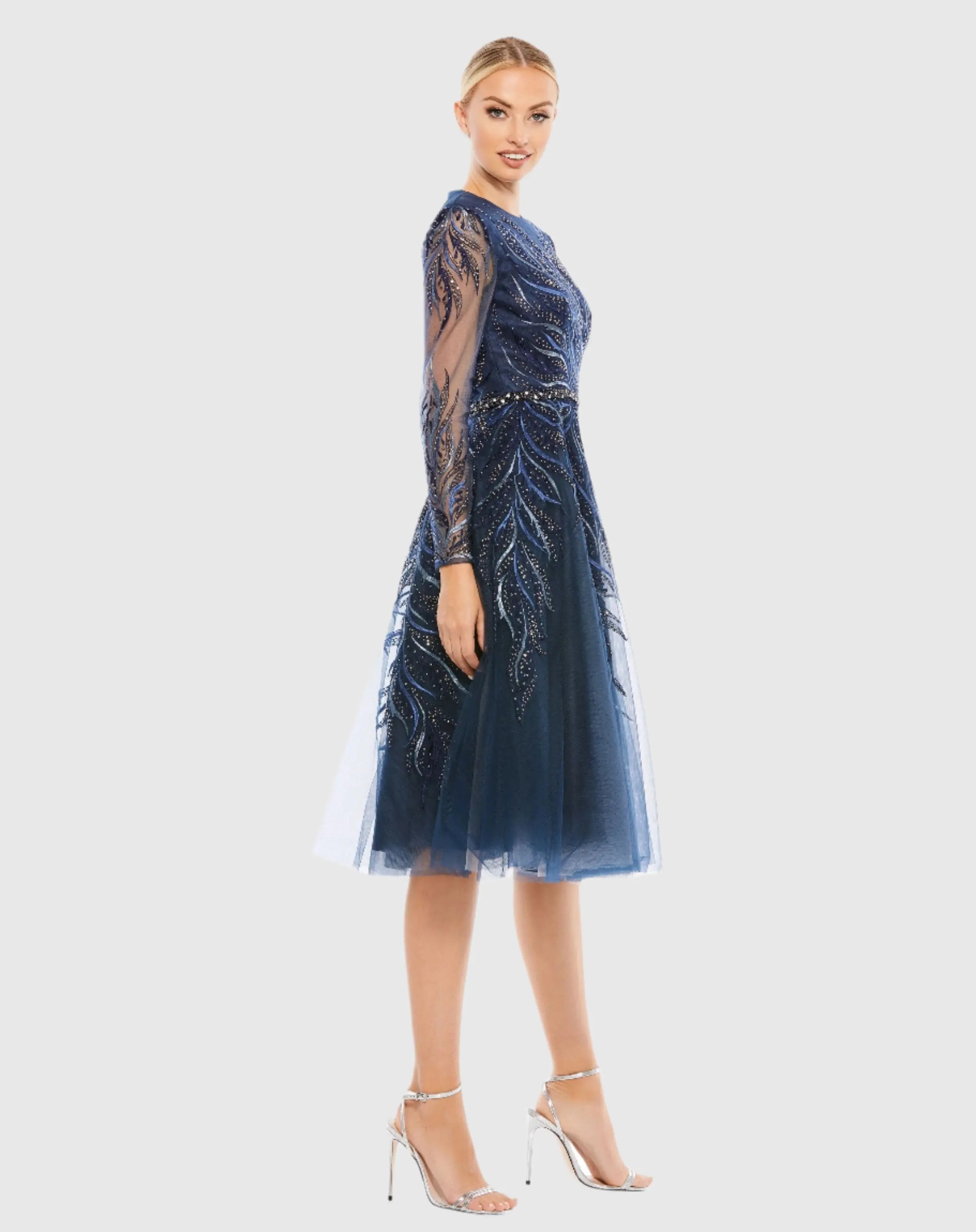 Navy Embellished Tea-Length Illusion Cocktail Dress
