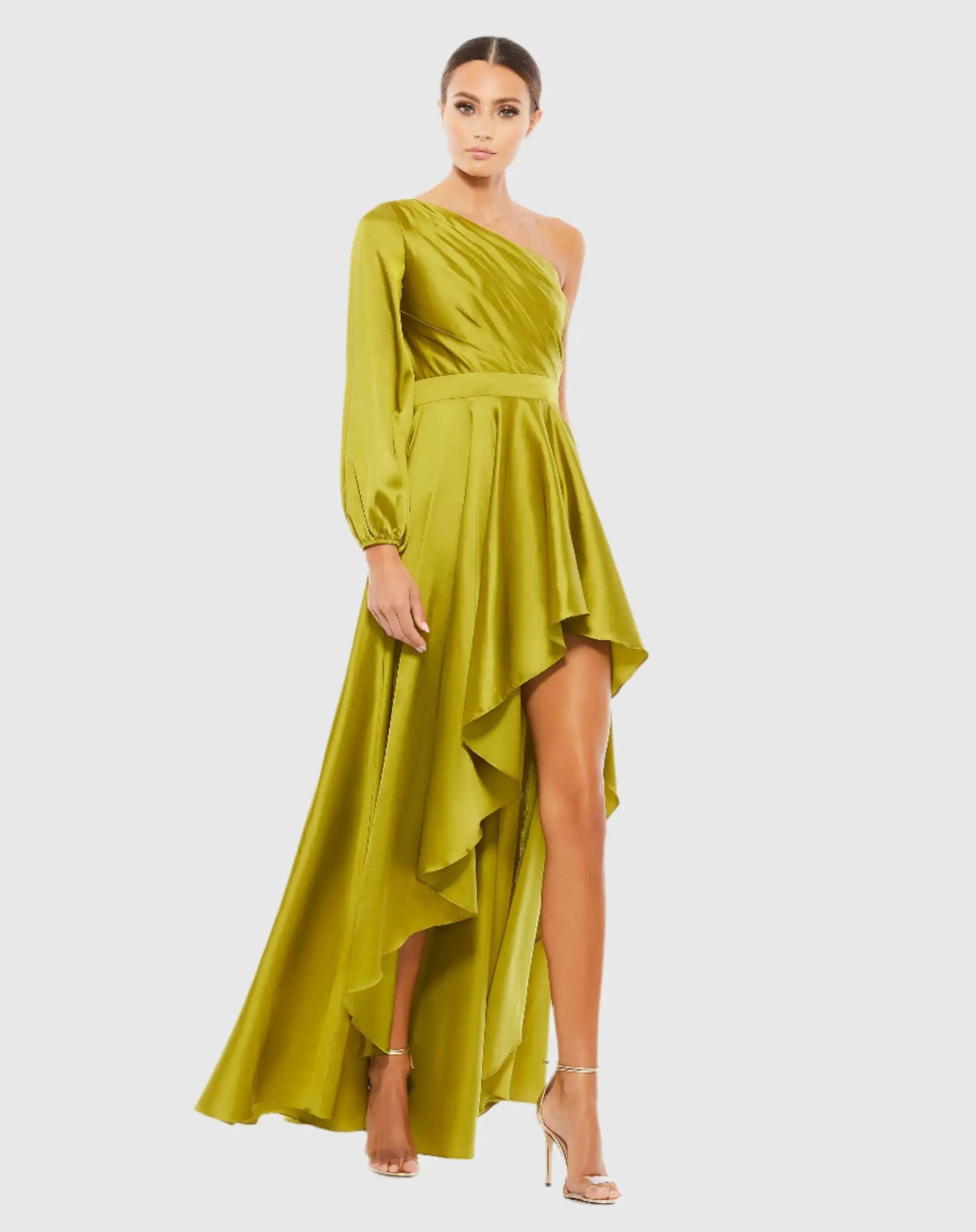 Green High Low One Shoulder Flowy Gown