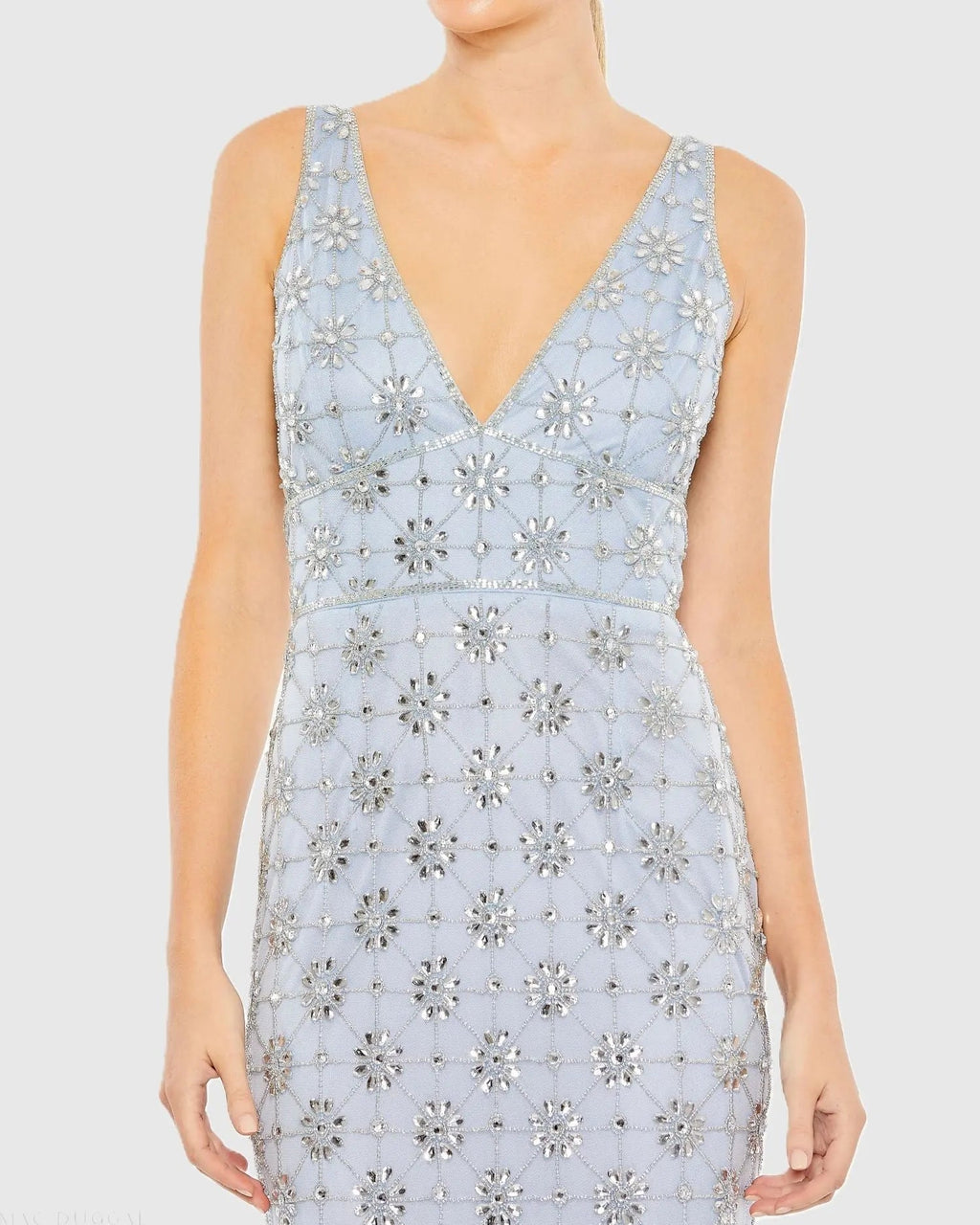 Blue Embellished Sleeveless V Neck Gown