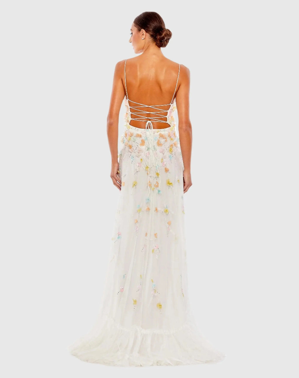 White Beaded 3D Flower Cami Ruffled High Low Lace Up Gown
