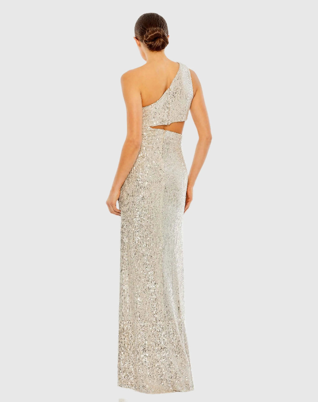 Silver and Beige Sequin One Shoulder Cut Out Gown