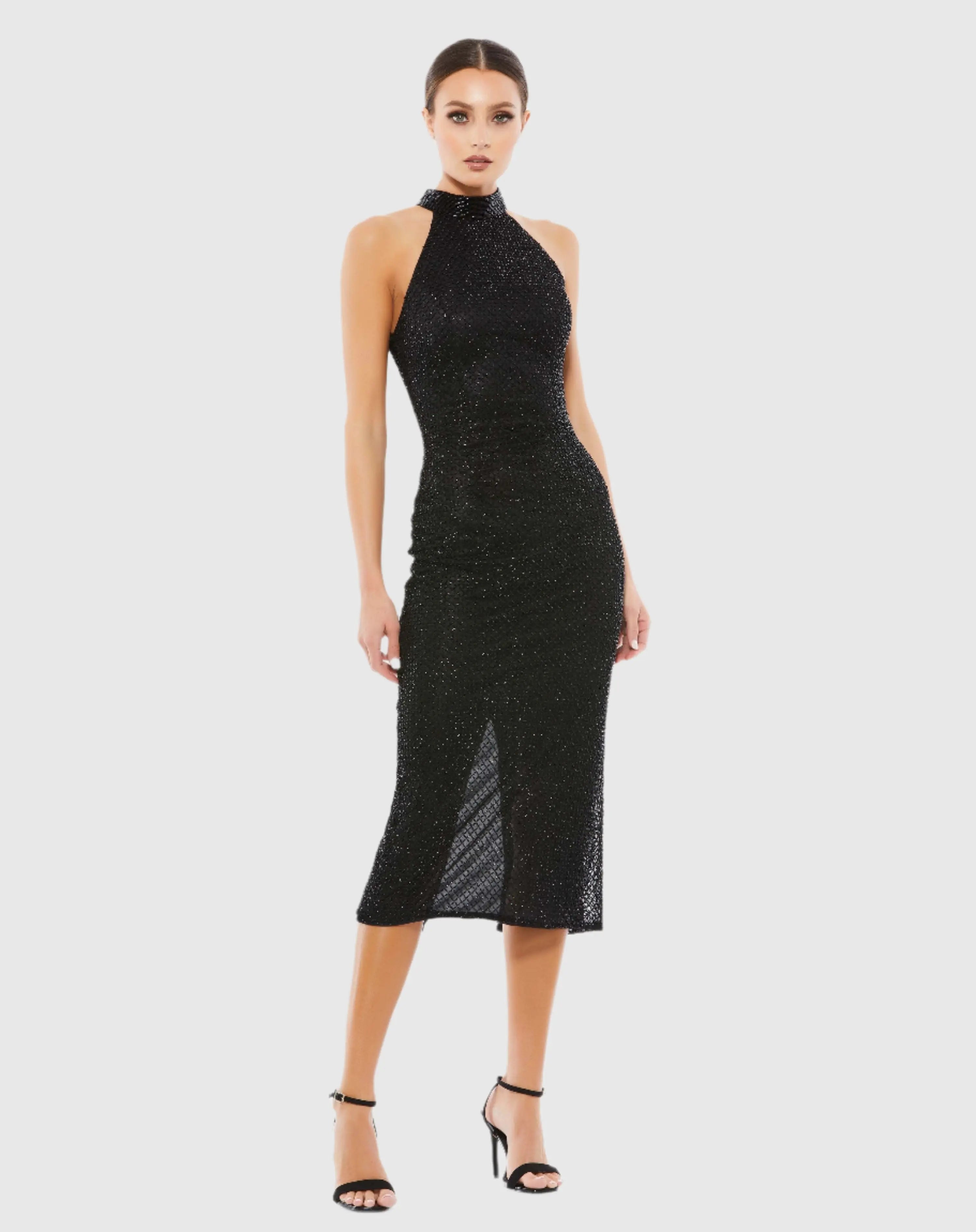 Black Beaded Halter Neck Midi Dress