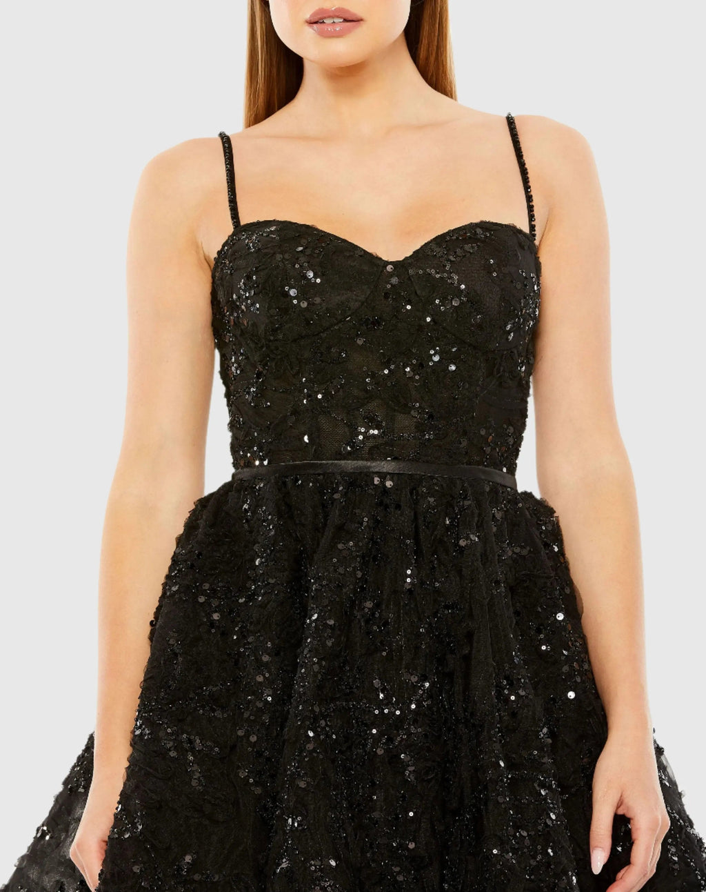 Black Beaded Strap Bustier Sequin Mini Dress