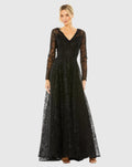 Crystal Embellished Long Sleeve V-Neck Gown