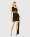 Black One Shoulder Sheer Bustier Side Drape Sequin Dress