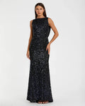 Cowl Back Boat Neck Sequined Evening Gown