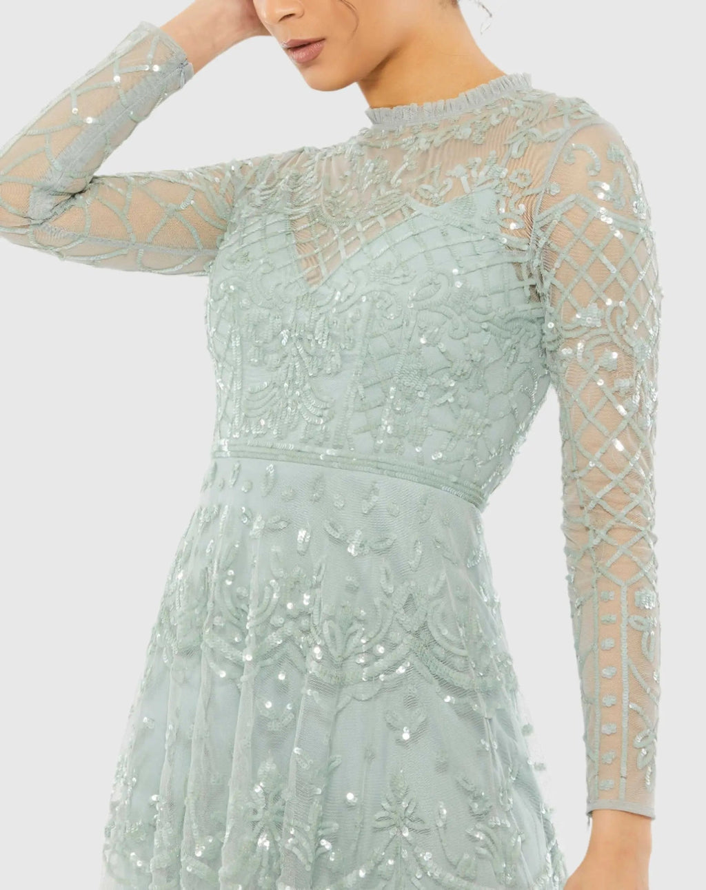 Blue Sequined Illusion High Neck Long Sleeve Midi Dress