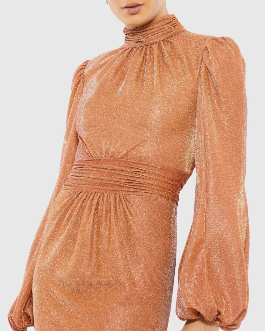 Orange Glitter High Neck Puff Sleeve Trumpet Gown